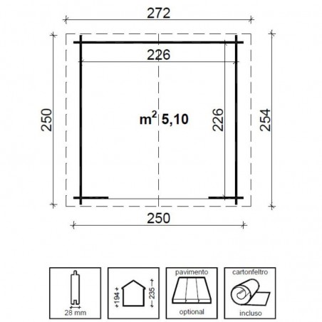 Misure Casetta Arisa impregnata, 28mm, 250 x 250 cm. 6,25m²