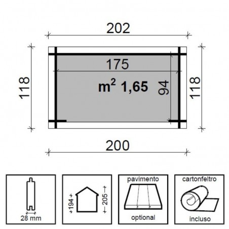 Casetta Patty. 28mm, 200x118 cm. 2,36 m²