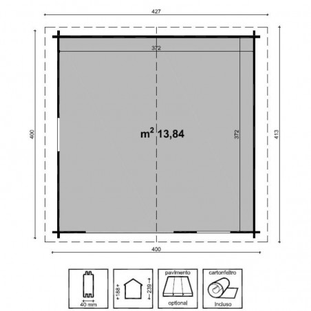 Misure casetta Valencia. 40mm, 400x400 cm. 16 m²