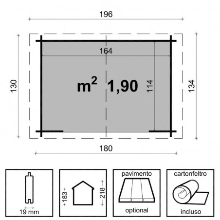 Misure casetta da giardino Giada. 19mm, 180 x 130 cm. 2,34m²