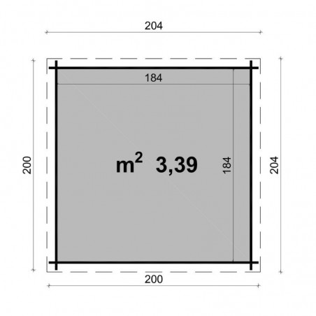 Misure Casetta di legno Birba. 19mm, 200 x 200 cm. 4m²